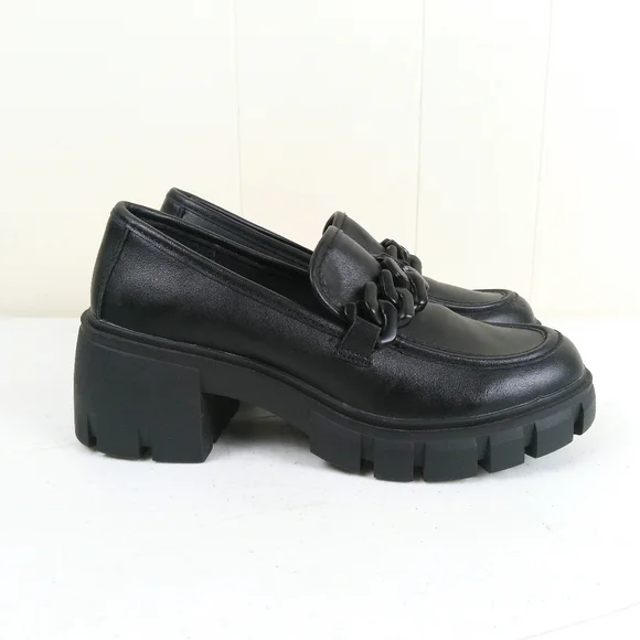 Madden Girl Black Chunky Slip On Loafers Size 6.5 Lug Soles Faux Leather - Picture 1 of 10
